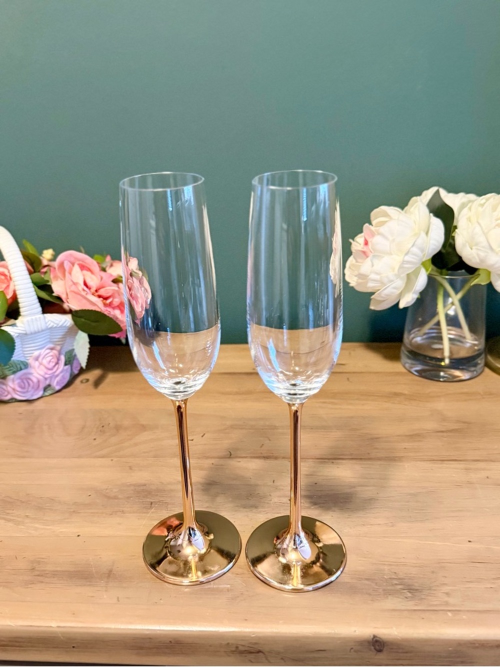 Rose Gold Stem Champagne Flutes Set 2 Tall Modern Wine Glasses